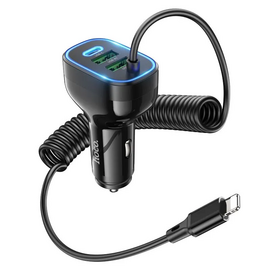  Блок питания автомобильный 2 USB, 1 Type-C HOCO NZ11A Guide, 3000mA, пластик, QC3.0, PD30Вт, кабель 8 pin, цвет: чёрный (1/13/130) 