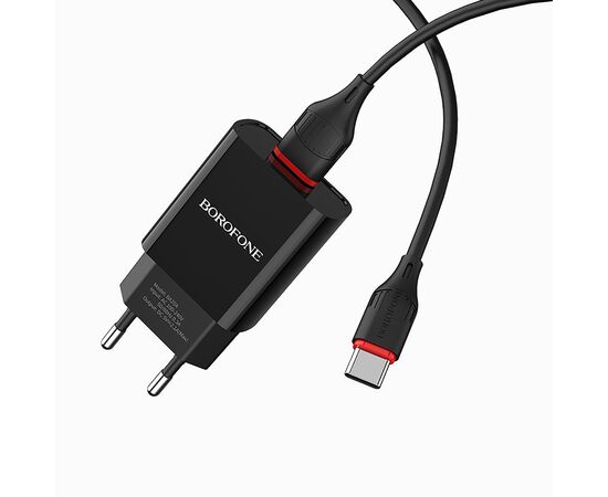  Адаптер Сетевой с кабелем Borofone BA20A Sharp 1USB/5V/2.1A +Type-C (black) 