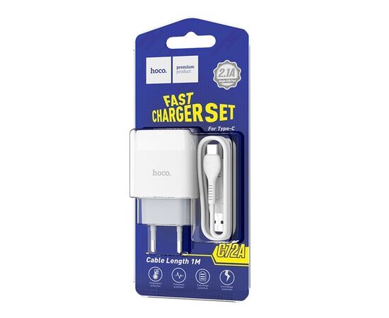  Адаптер Сетевой с кабелем Hoco C72A Glorious 1USB/5V/2.1A +Type-C (white) 