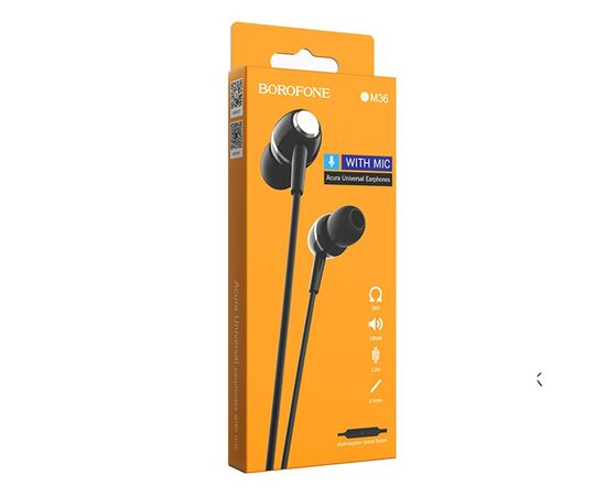  Проводные наушники с микрофоном внутриканальные Borofone BM36 Acura, 3.5 Jack (black) 