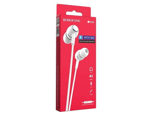  Проводные наушники с микрофоном внутриканальные Borofone BM36 Acura, 3.5 Jack (white) 