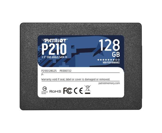 SSD 2.5" 128GB SATA3 Patriot P210, box (P210S128G25) (7 mm, TLC 3D NAND, Silicon Motion SM2258XT, R/W: up to 450/430 MB/s, 4KB W: up to 30000 IOPS, 64 TBW, MTBF: 2M hrs) 