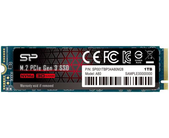  Внутренний SSD  Silicon Power 1TB  A80, PCIe 3x4, R/W - 3200/3000 MB/s, (M.2), 2280, TLC 3D NAND 