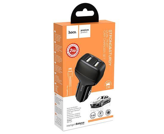  Автомобильное зарядное устройство HOCO Z36 Leader, 2xUSB с Кабелем USB - Lightning, 2.4A, черный 