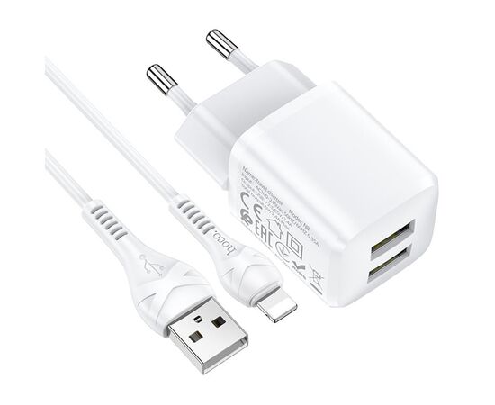  Сетевое зарядное устройство HOCO N8 Briar 2xUSB с Кабелем USB - Lightning, 2.4A, 10.8W, белый 