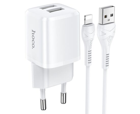  Сетевое зарядное устройство HOCO N8 Briar 2xUSB с Кабелем USB - Lightning, 2.4A, 10.8W, белый 