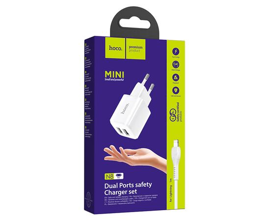 Сетевое зарядное устройство HOCO N8 Briar 2xUSB с Кабелем USB - Lightning, 2.4A, 10.8W, белый 