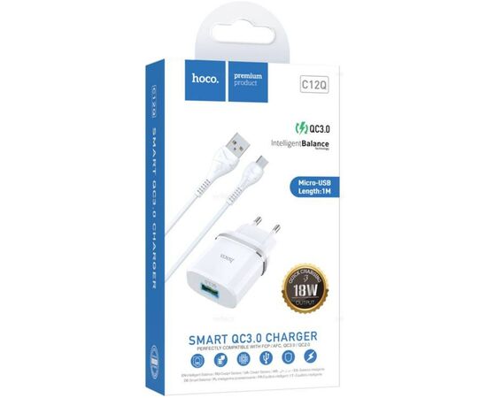  HOCO C12Q/ Сетевое ЗУ + Кабель Micro 1m/ QC 3.0/ 1 USB/ Выход: 5V_9V_12V, 18W/ White 