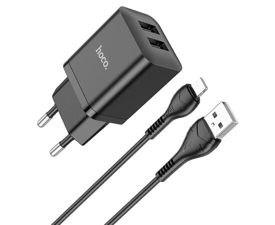 Сетевое зарядное устройство HOCO N25 Maker 2xUSB с Кабелем USB - Lightning, 2.1A, 10W, черный 