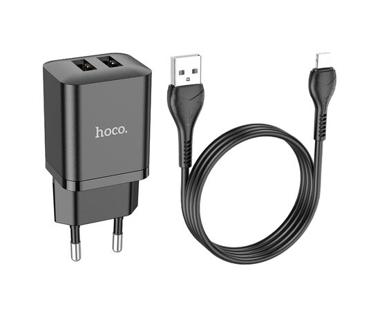  Сетевое зарядное устройство HOCO N25 Maker 2xUSB с Кабелем USB - Lightning, 2.1A, 10W, черный 