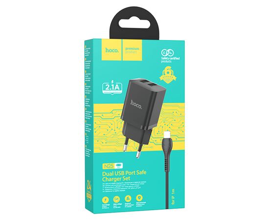  Сетевое зарядное устройство HOCO N25 Maker 2xUSB с Кабелем USB - Lightning, 2.1A, 10W, черный 