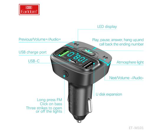  ФМ модулятор (2USB выхода + USB-C, Bluetooth) Earldom ET-M101, с подсветкой 