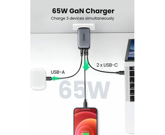  СЗУ Ugreen CD244 (10335) Nexode USB-A+2*USB-C 65W GaN Tech Fast Charger EU grey 