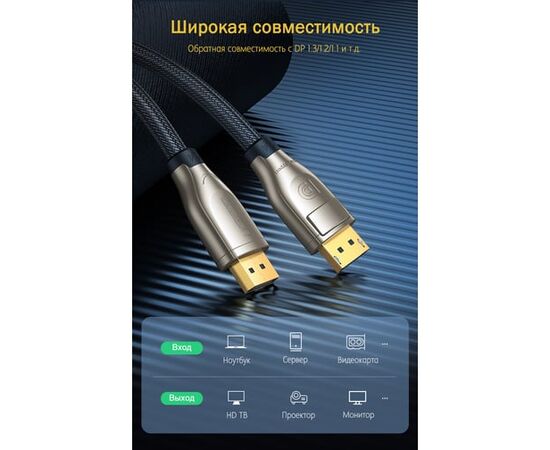  Кабель UGREEN DP112 60844 1.4 DP M/M Round Cable Zinc Alloy Shell with Braided 3m Black 