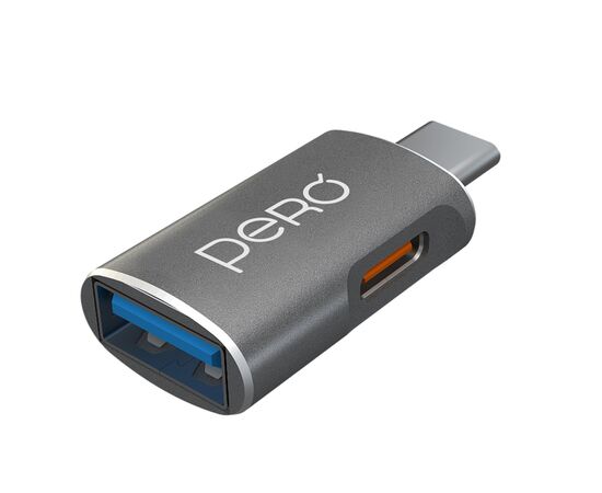  Адаптер PERO AD16 OTG, USB-C TO USB-A 3.0 + USB-C, серый 