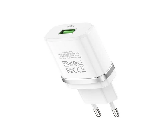  Блок питания сетевой 2 USB HOCO C12, 2400mA, пластик, цвет: белый (1/10/100) 